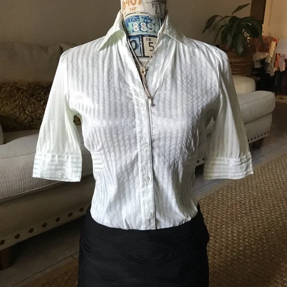 White green stripes fitted stretchy shirt sleeve blouse S - Picture 4 of 11